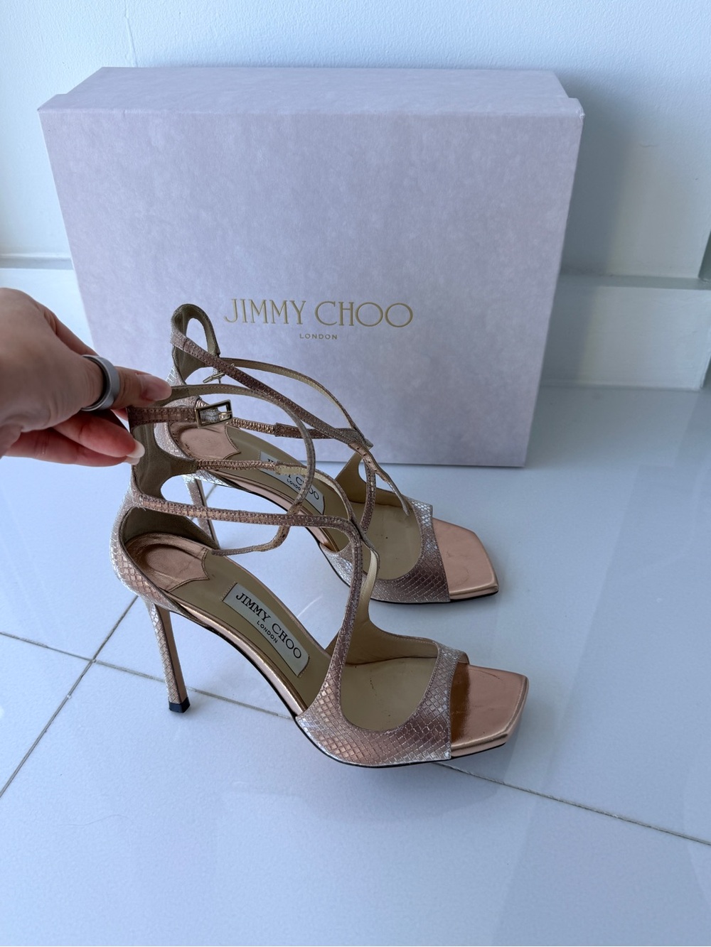 Jimmy Choo Rose Gold Metallic Strappy Stiletto Sandals